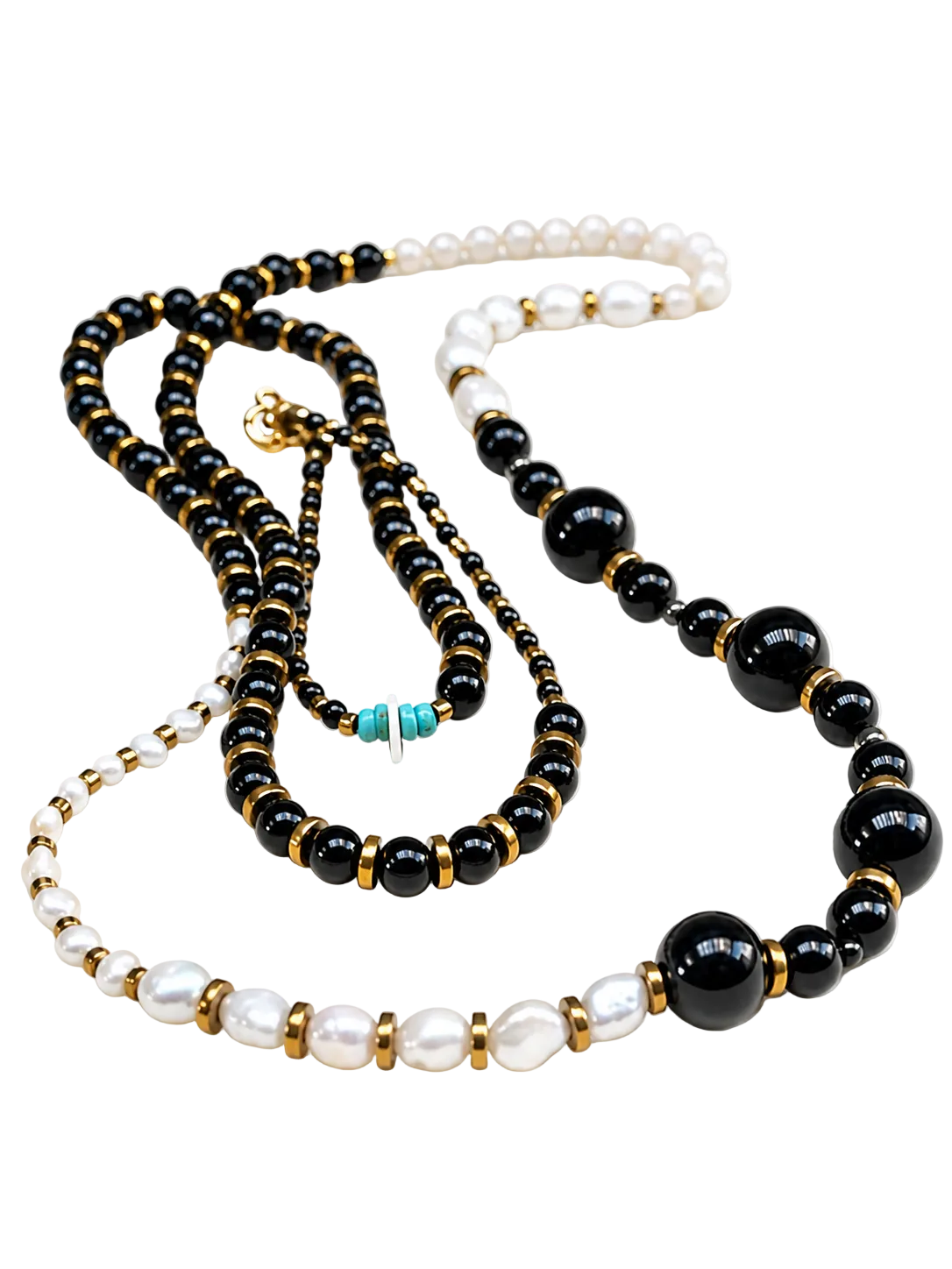 Collar Largo: Sofisticación Atemporal (Ónix, Hematita y Perla)
