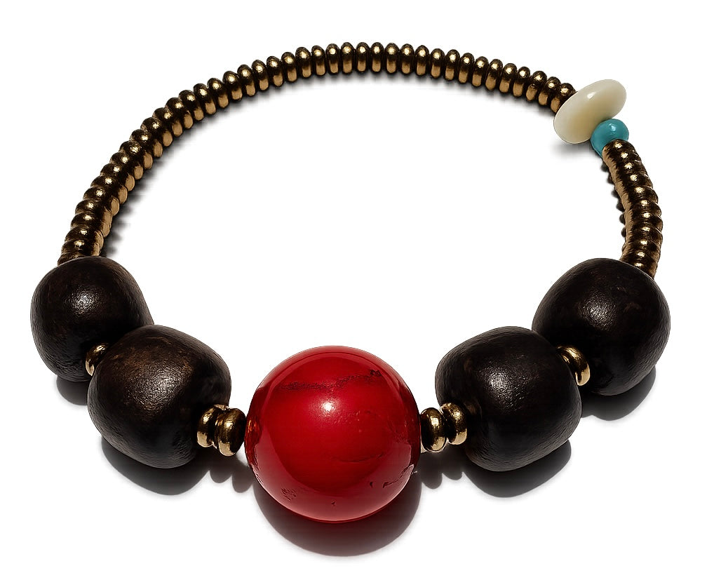 Pulsera: Equilibrio Terrenal (Hematita, Coral y Madera)