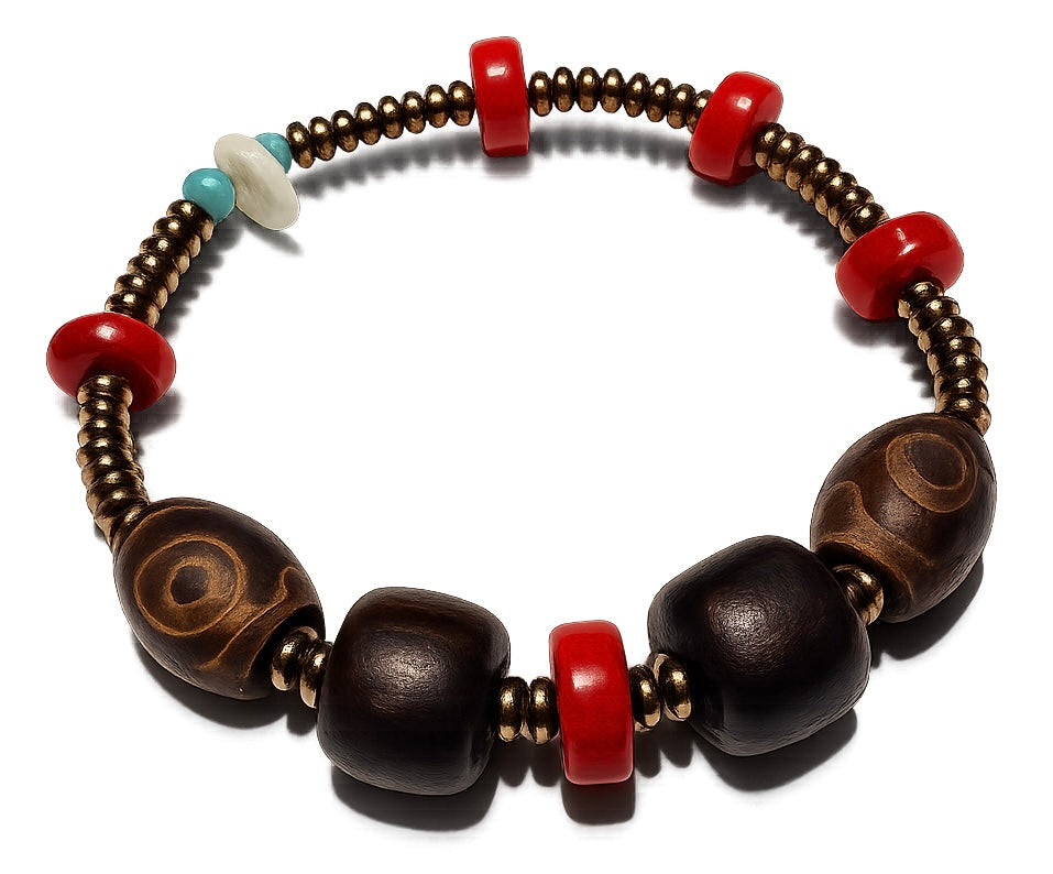 Pulsera: Armonía Orgánica (Coral, Madera, Semilla y Hematita)