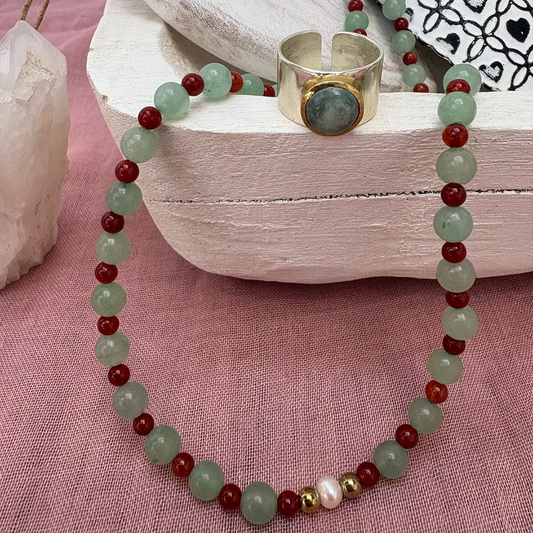 Kit Collar de Aventurina con Perla y Cornalina